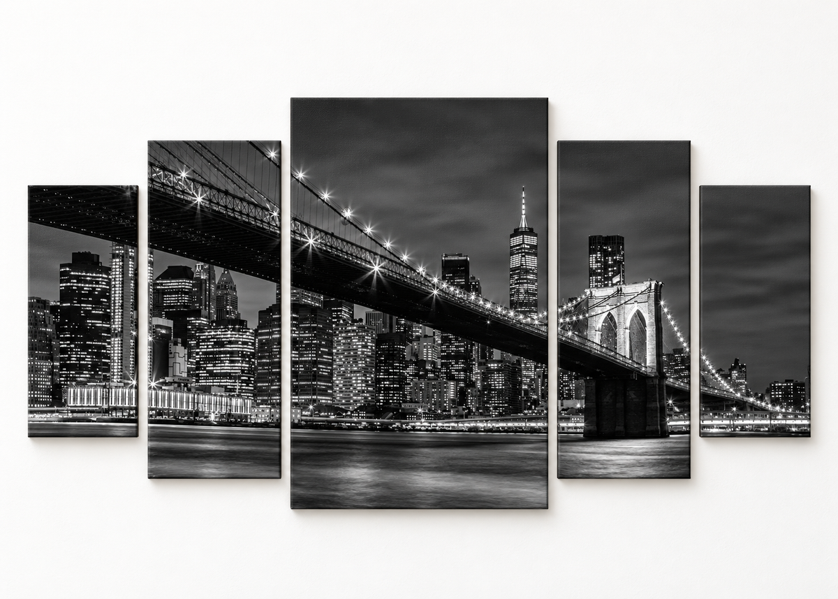 Brooklyn Bridge in Black and White Compact 5 gallery-wrapped canvas set; illustrative front view, see size guide for dimensions
