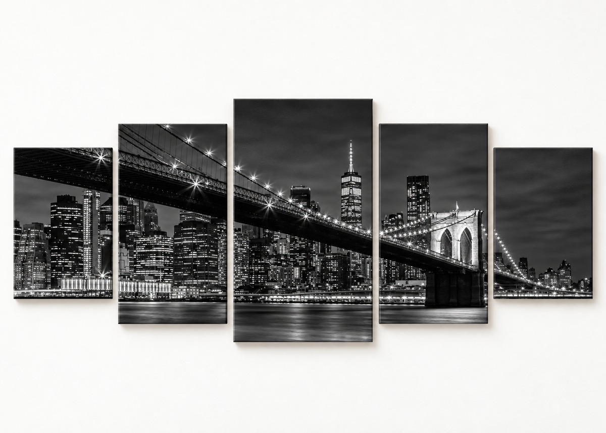 Brooklyn Bridge in Black and White Statement 5 gallery-wrapped canvas set; illustrative front view, see size guide for dimensions