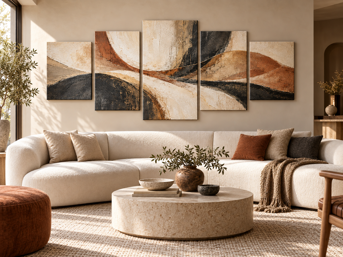 Illustrative abstract artwork across a statement five-panel canvas in a warm living room
