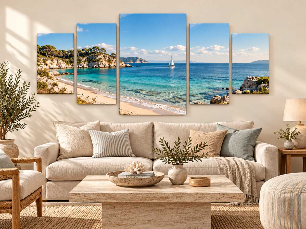 Illustrative coastal photo across a compact five-panel canvas above a cream sofa