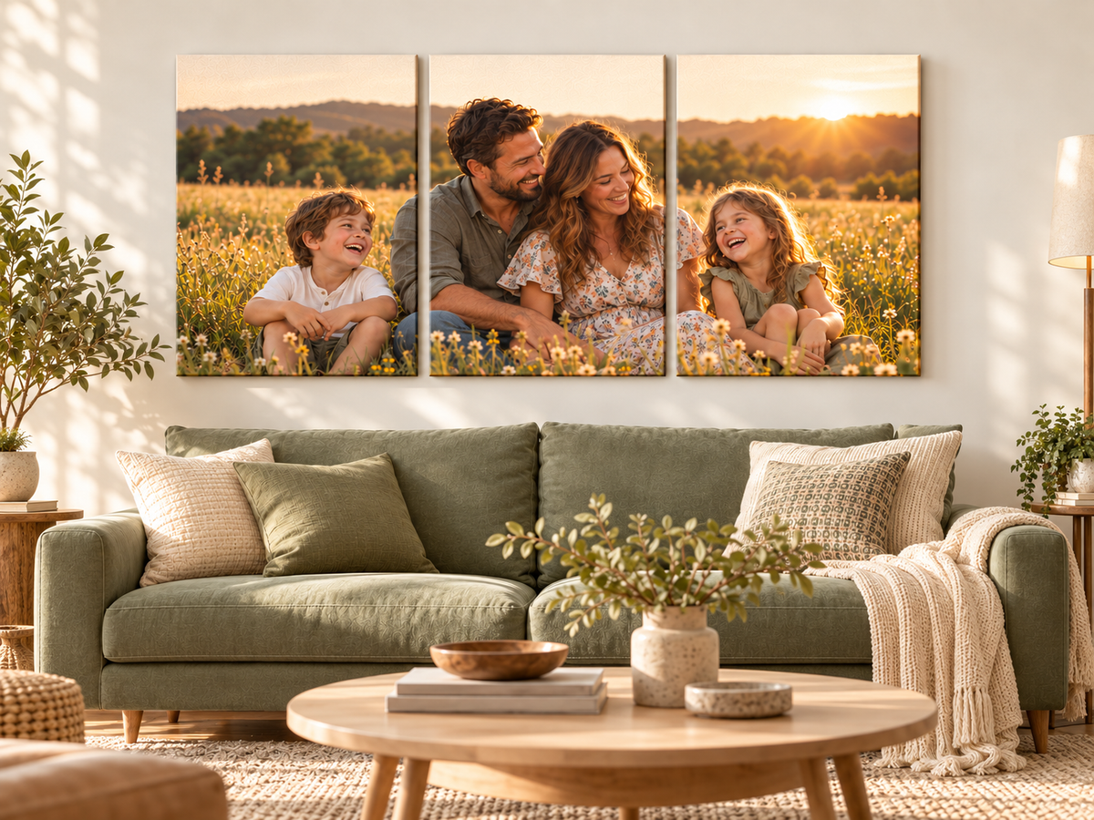 Illustrative family photo across three canvas panels above a sage sofa