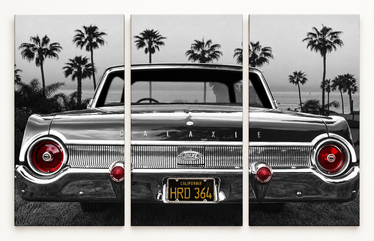 Ford Galaxie 500XL shown across 3 gallery-wrapped canvas panels; illustrative front-view mockup