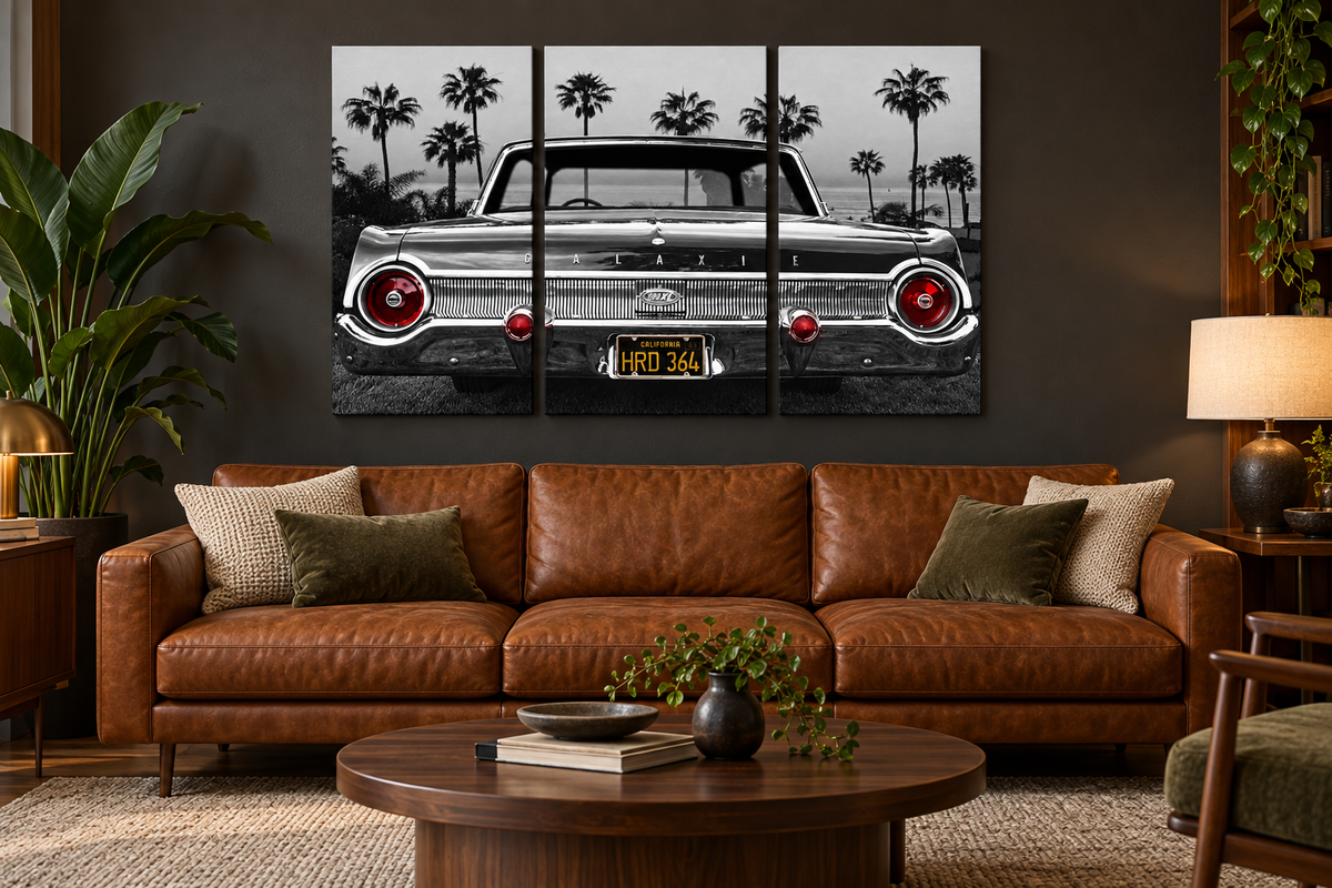 Ford Galaxie 500XL 3-panel canvas set in an illustrative furnished room; refer to the size guide for dimensions