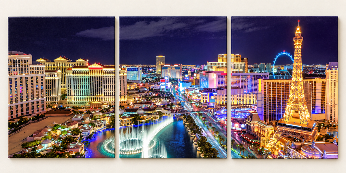 Las Vegas Strip at Night shown across 3 gallery-wrapped canvas panels; illustrative front-view mockup