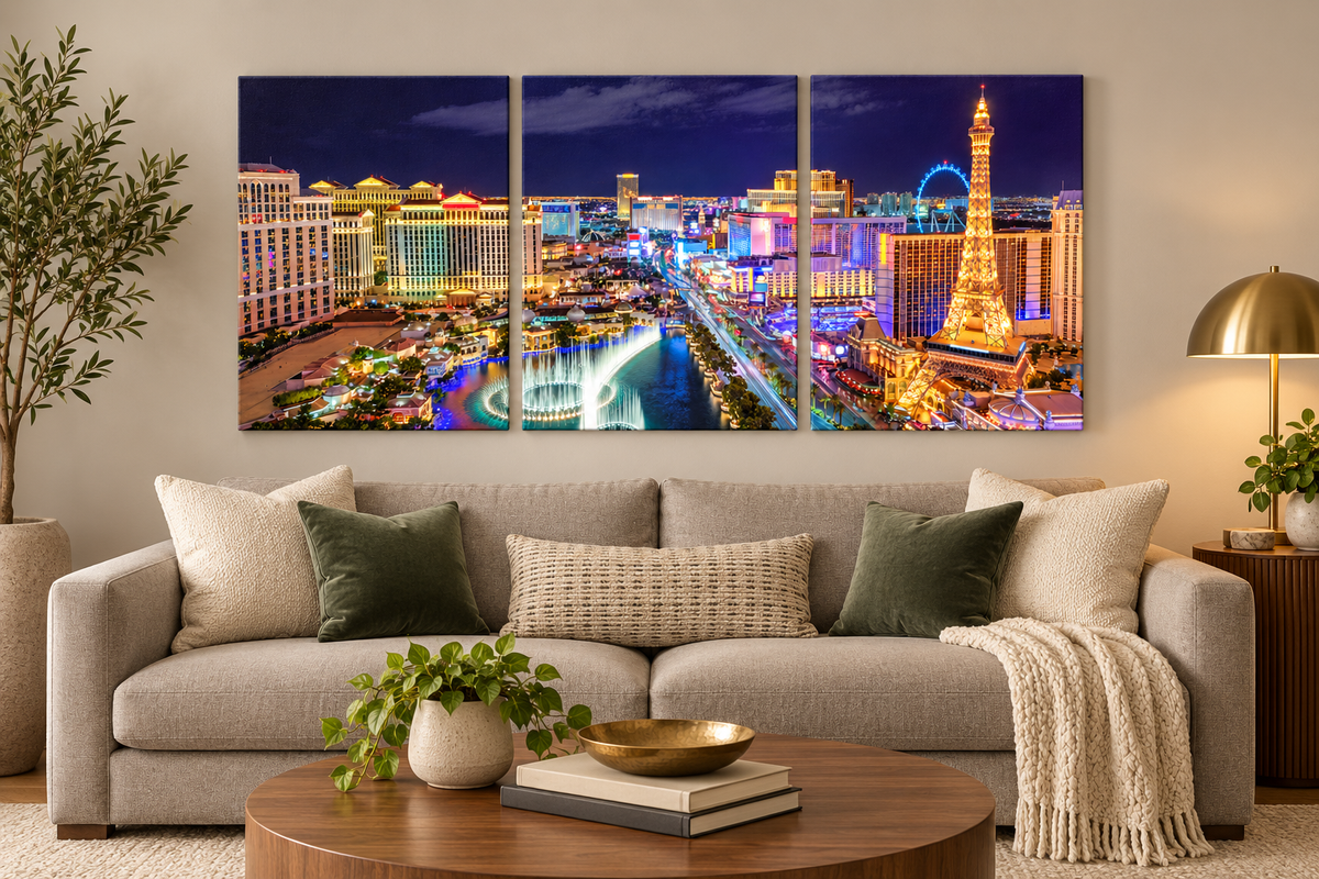 Las Vegas Strip at Night 3-panel canvas set in an illustrative furnished room; refer to the size guide for dimensions