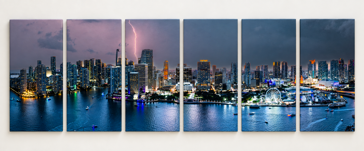 Lightning Over Miami shown across 6 gallery-wrapped canvas panels; illustrative front-view mockup