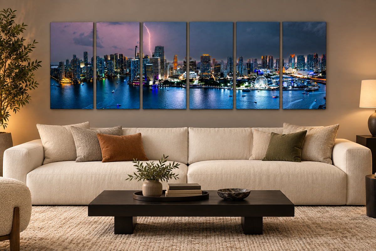 Lightning Over Miami 6-panel canvas set in an illustrative furnished room; refer to the size guide for dimensions