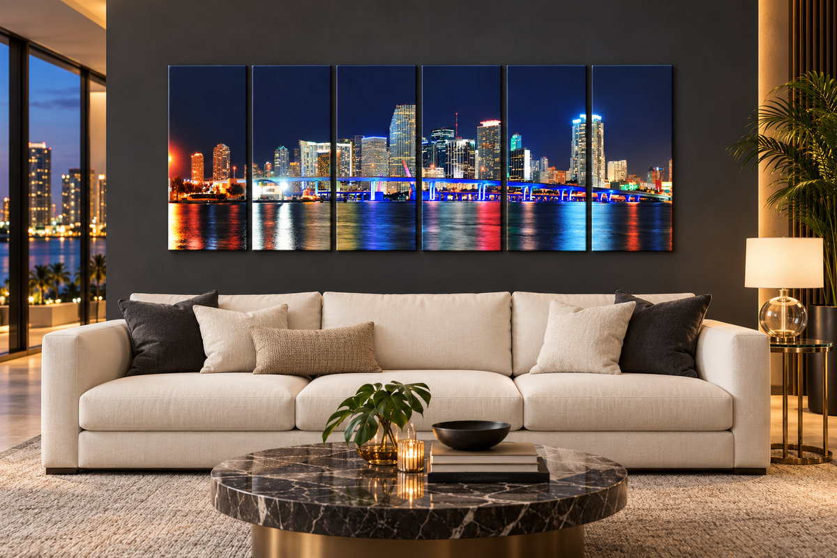 Miami Skyline After Dark 6-panel canvas set in an illustrative furnished room; refer to the size guide for dimensions