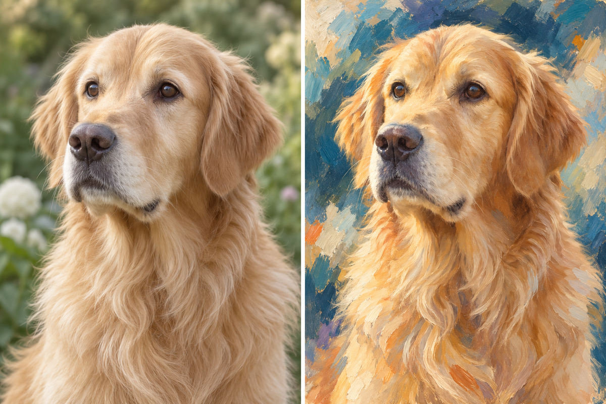 Golden retriever photo shown beside a creative artistic interpretation