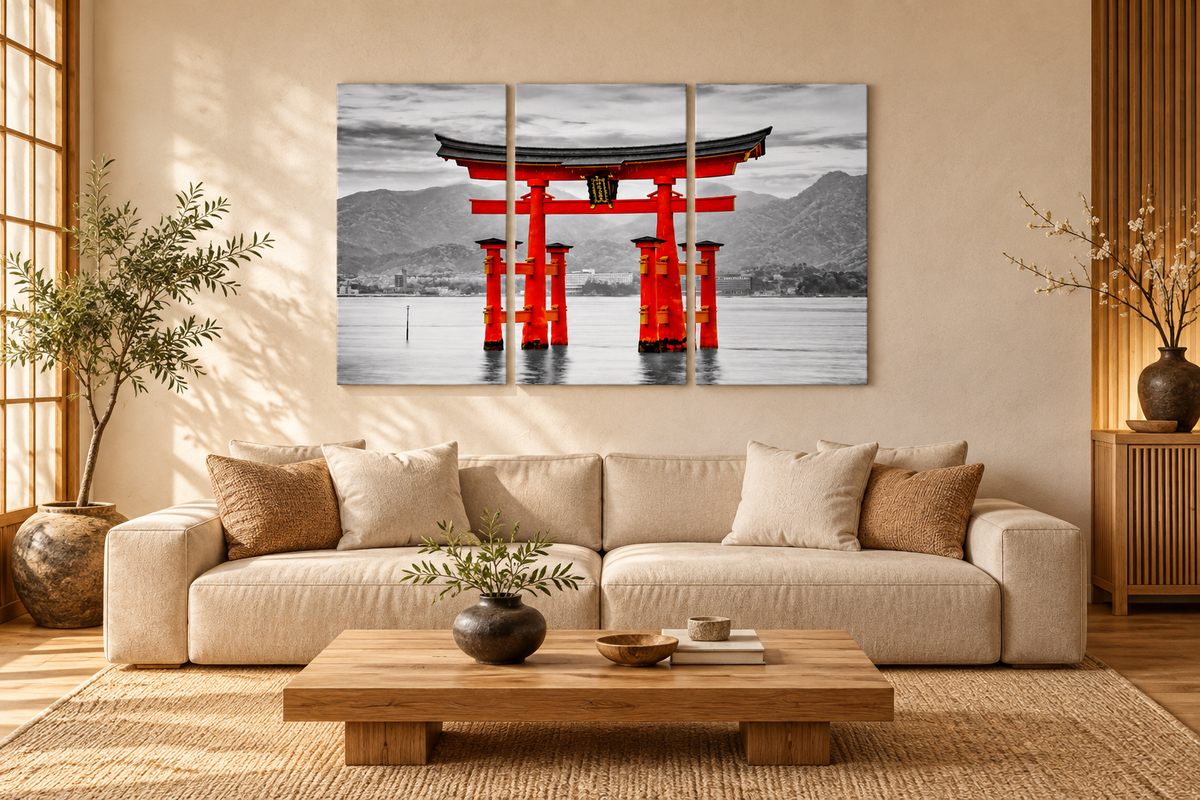 Red Torii Gate 3-panel canvas set in an illustrative furnished room; refer to the size guide for dimensions