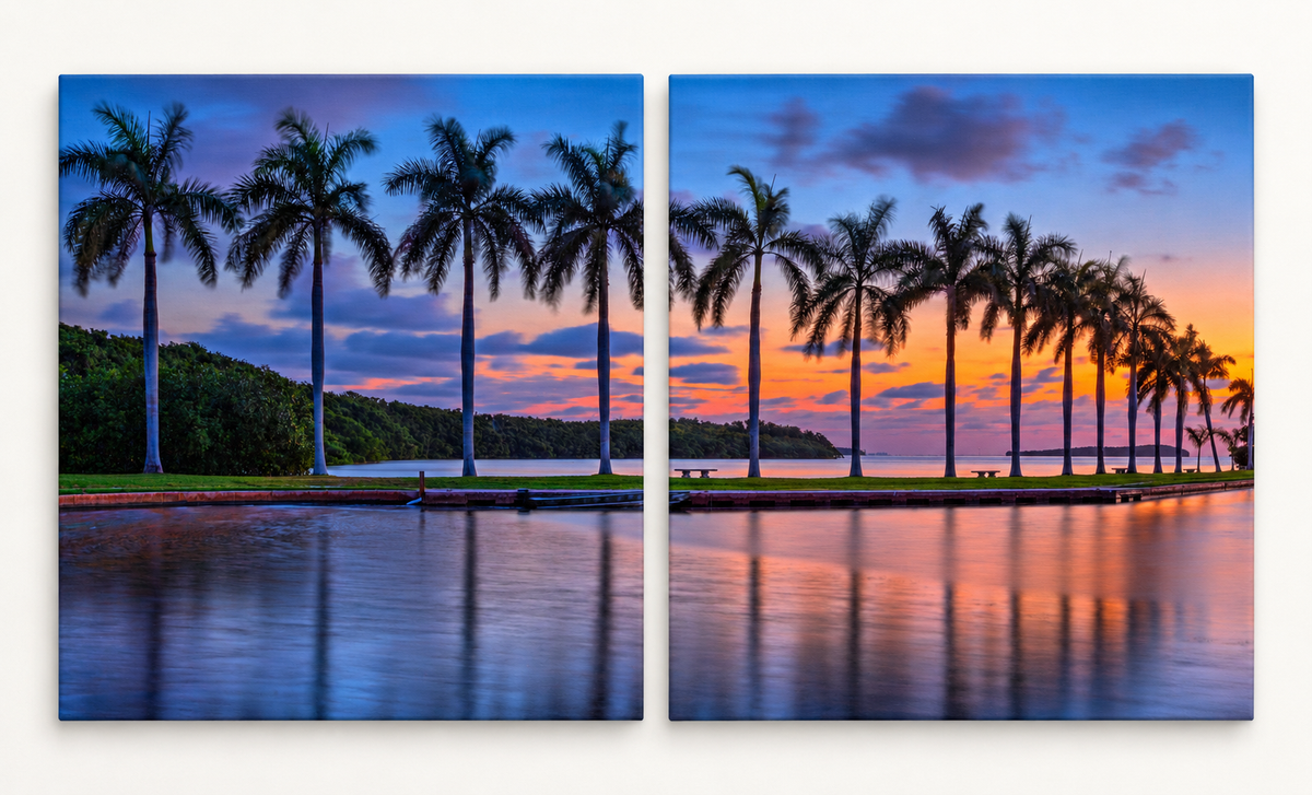 Waterfront Palms at Sunset shown across 2 gallery-wrapped canvas panels; illustrative front-view mockup