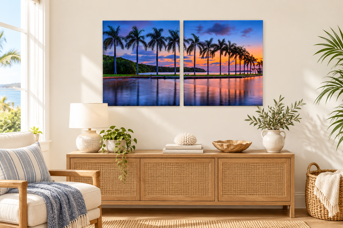 Waterfront Palms at Sunset 2-panel canvas set in an illustrative furnished room; refer to the size guide for dimensions