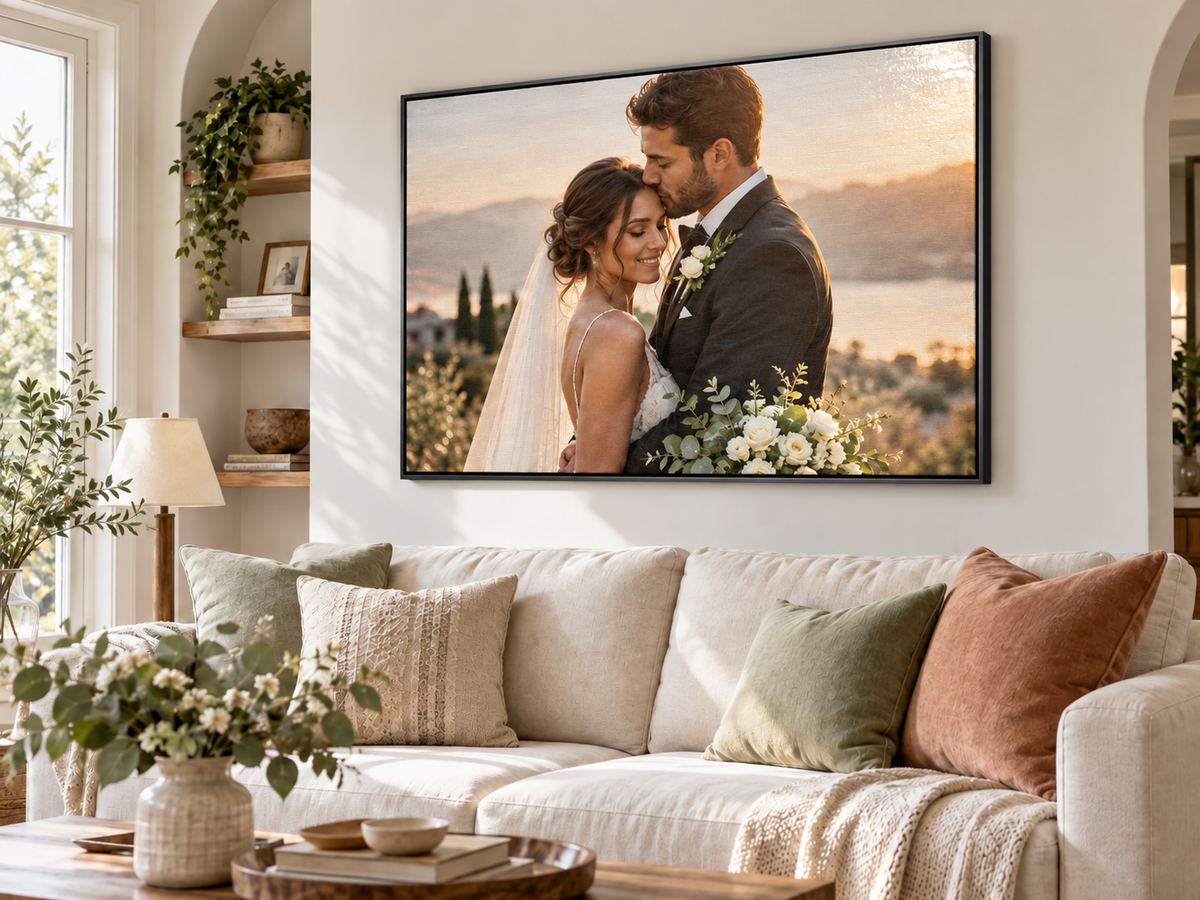 Illustrative single wedding photo canvas in a black floating frame above a cream sofa