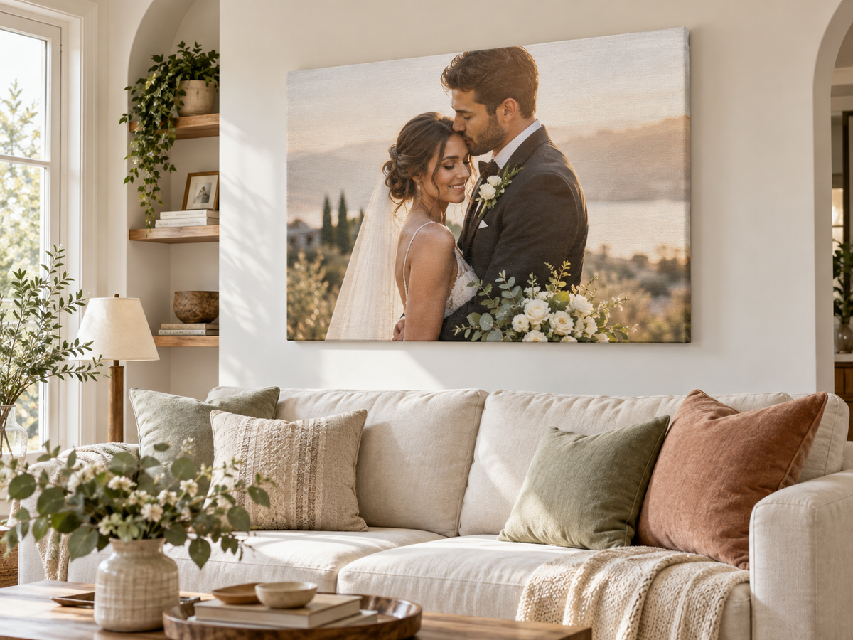 Illustrative single gallery-wrapped wedding photo canvas displayed above a living room sofa