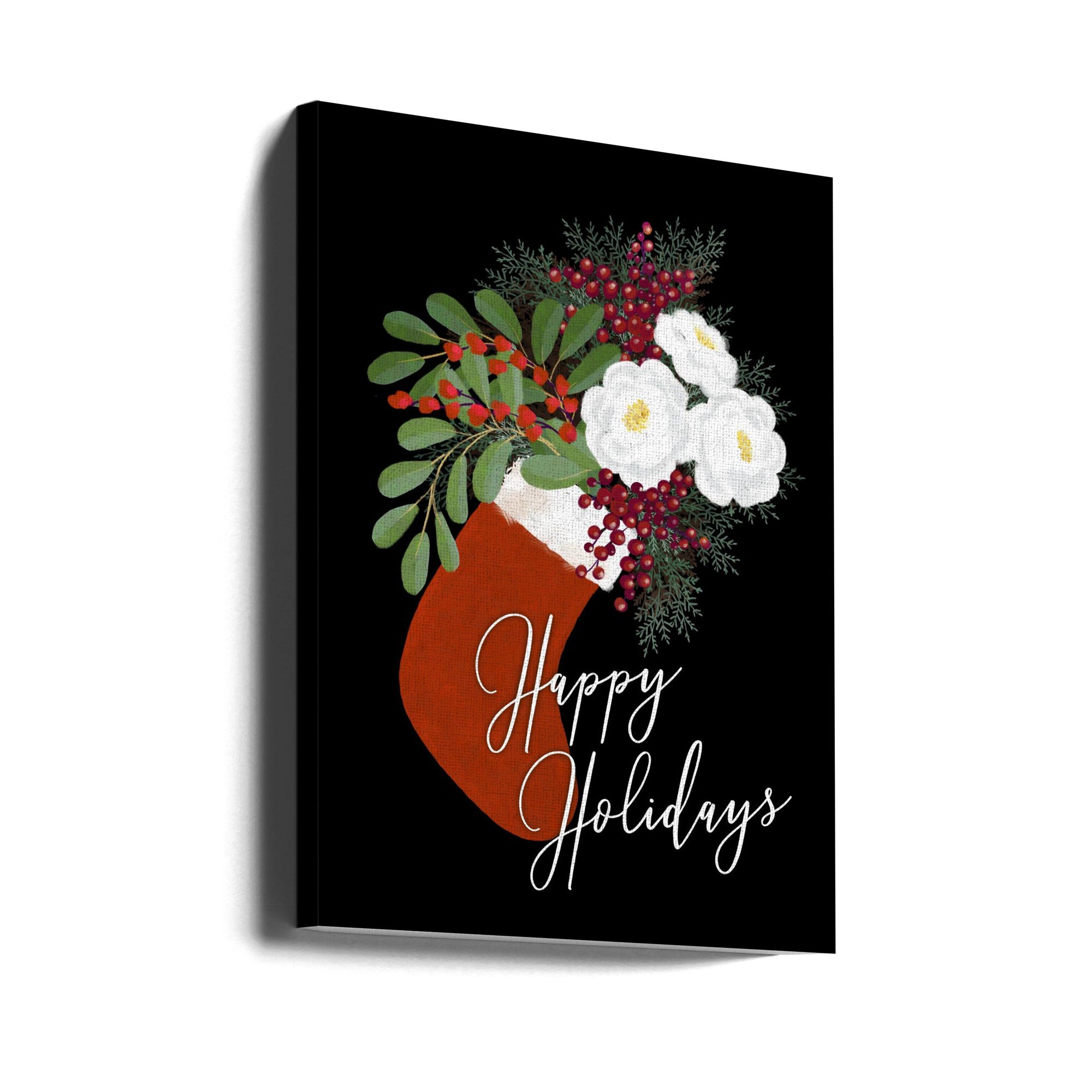 Wall art Floral Stocking Happy holidays in black