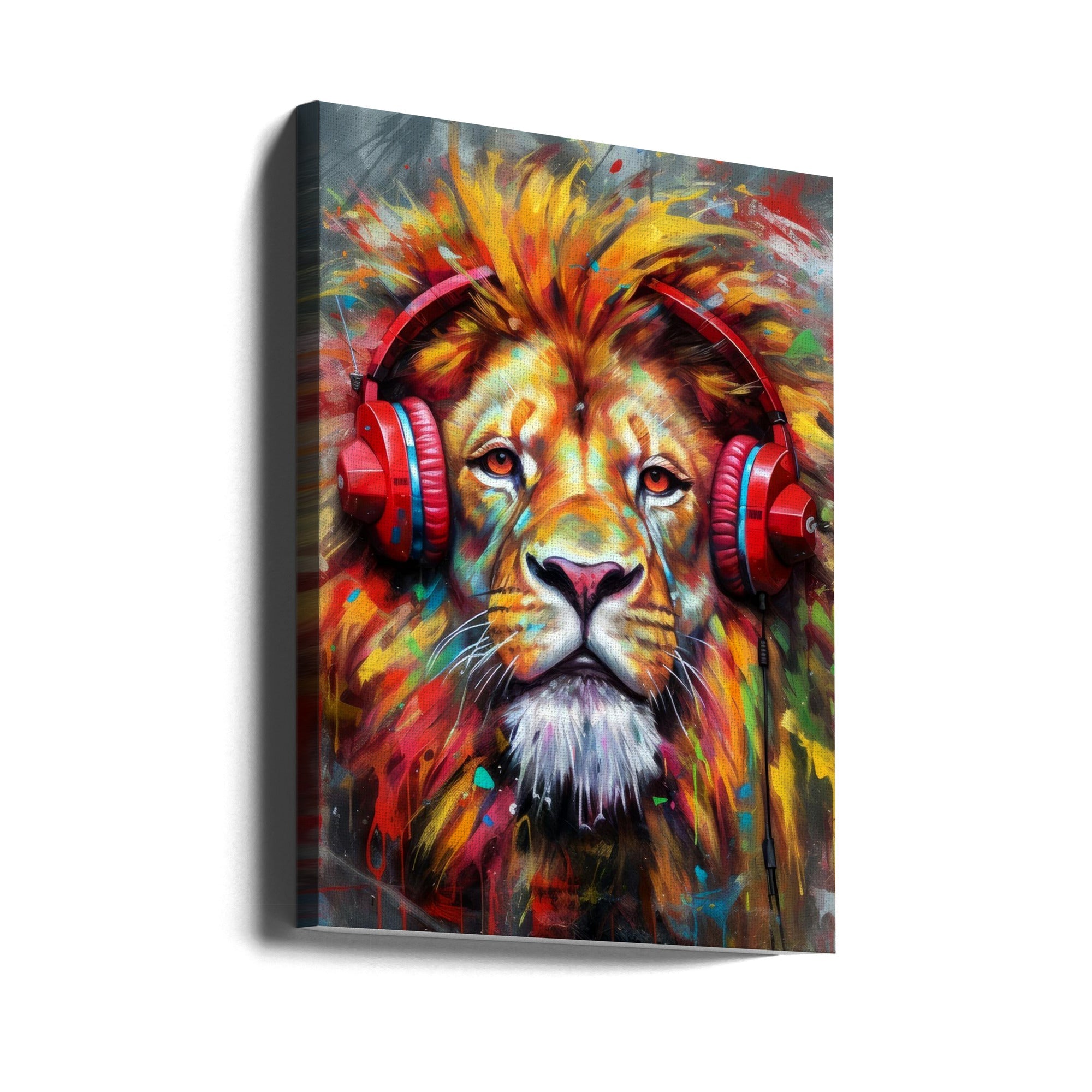 Wall art Lion With Headphones animal 24X36inch In Black Floating Frame