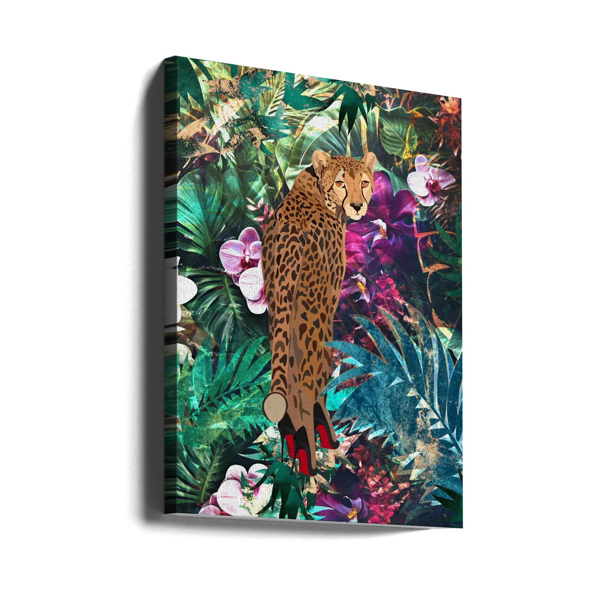 Wall art Tropical Floral Jungle - Cheetah in heels 24X36inch In Black Floating Frame