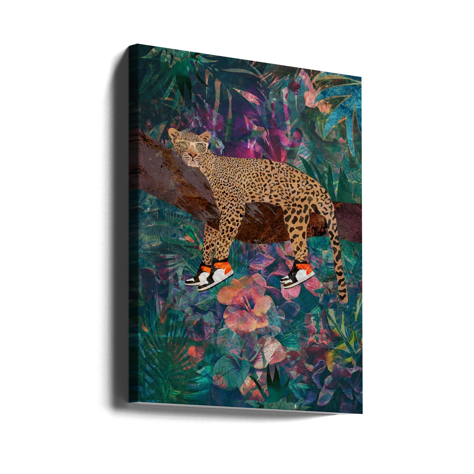 Wall art Tropical Floral Jungle - Leopard wearing shoes 24X36inch In Black Floating Frame