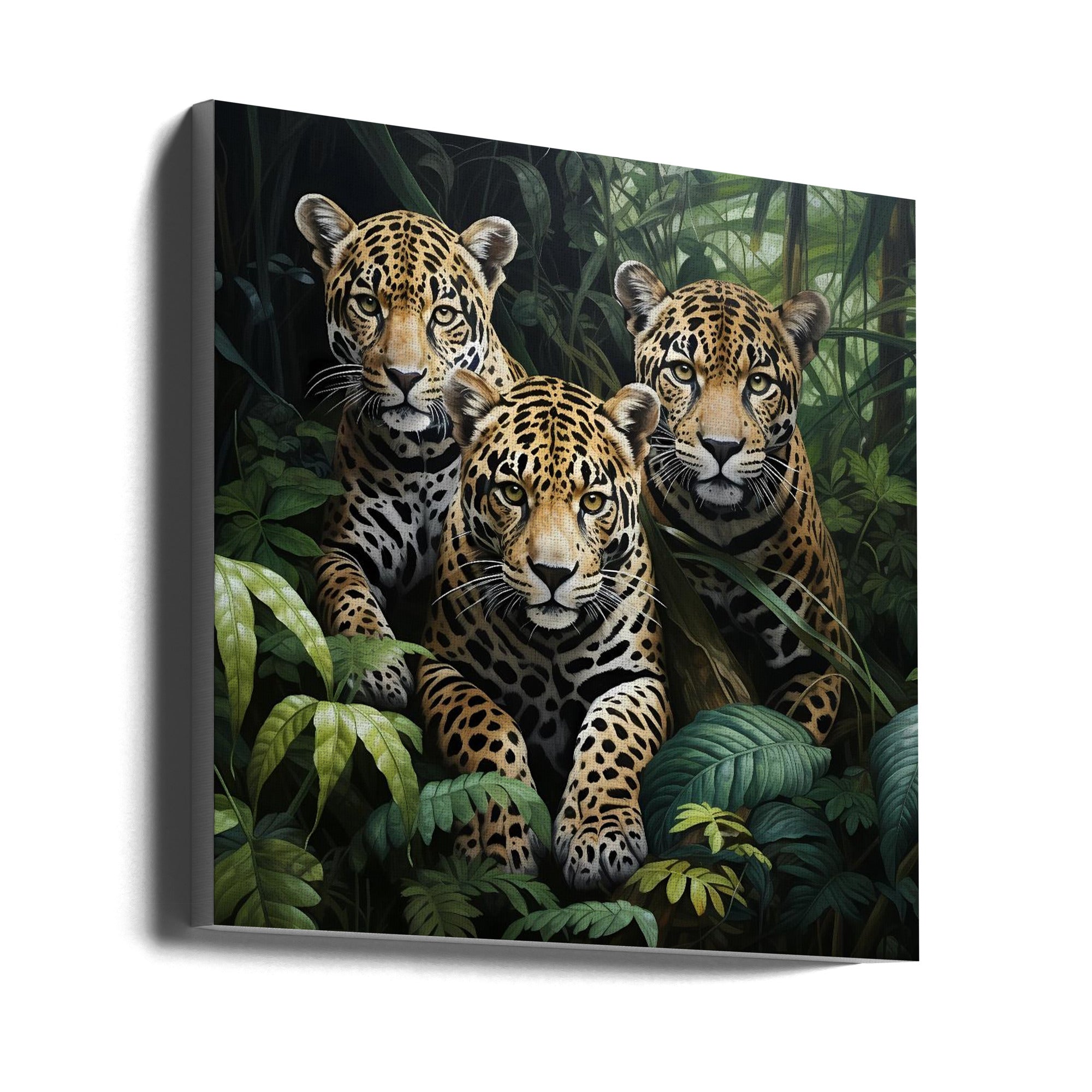 Wall art Three jaguars in the jungle 24X24inch In Black Floating Frame