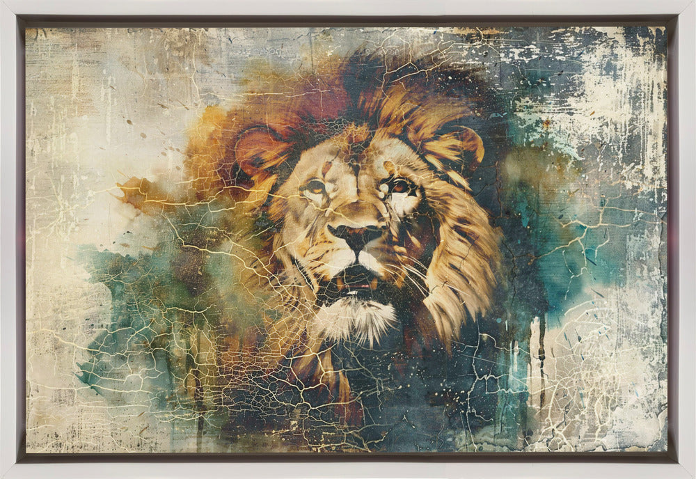 Wall art Lion Animal Vintage Art Illustration Wallart 07 36X24inch In White Floating Frame