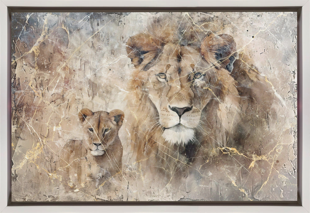 Wall art Lion Animal Vintage Art Illustration Wallart 09 36X24inch In White Floating Frame