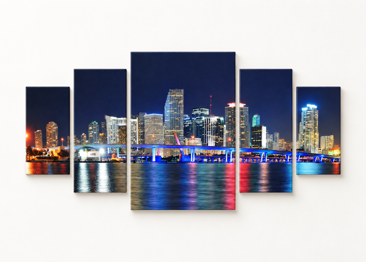 Miami Skyline After Dark Compact 5 gallery-wrapped canvas set; illustrative front view, see size guide for dimensions