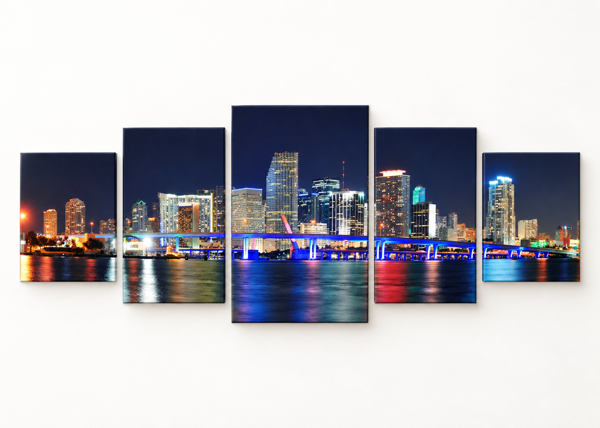 Miami Skyline After Dark Statement 5 gallery-wrapped canvas set; illustrative front view, see size guide for dimensions