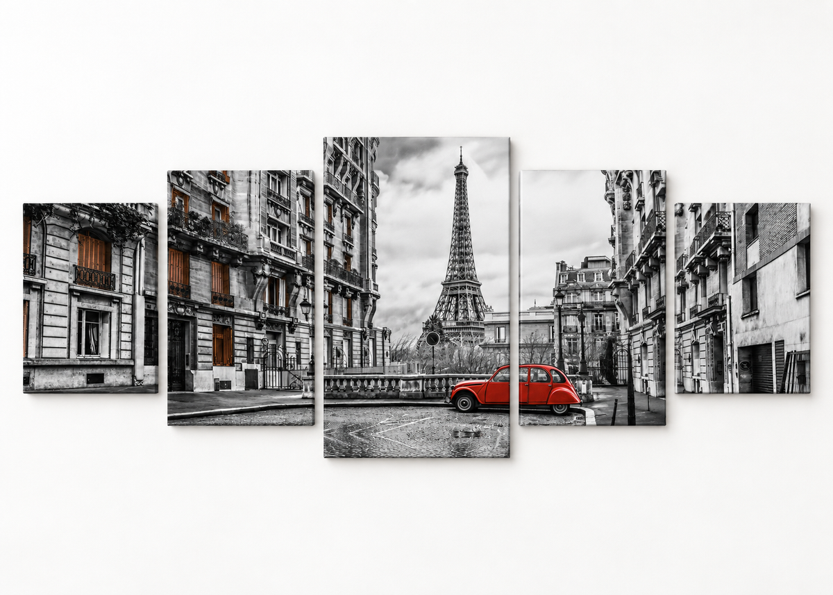 Paris Street with Red Citroën Statement 5 gallery-wrapped canvas set; illustrative front view, see size guide for dimensions