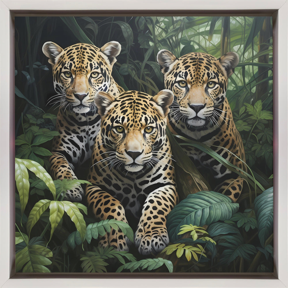 Wall art Three jaguars in the jungle 24X24inch In White Floating Frame