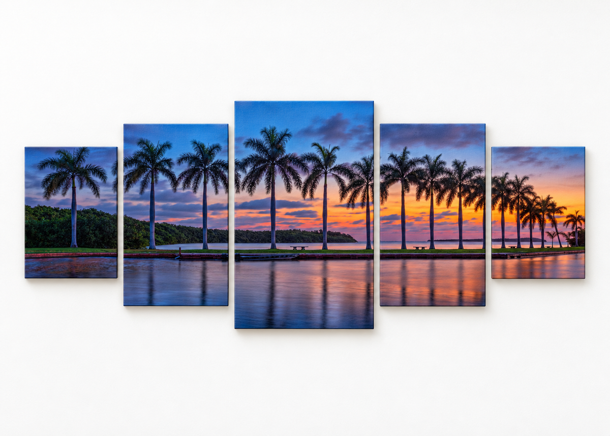 Waterfront Palms at Sunset Statement 5 gallery-wrapped canvas set; illustrative front view, see size guide for dimensions