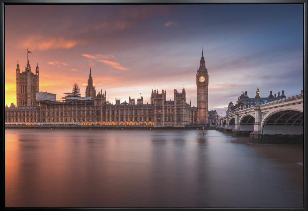 Wall Art London Palace of Westminster Sunset 36X24inch In White Floating Frame