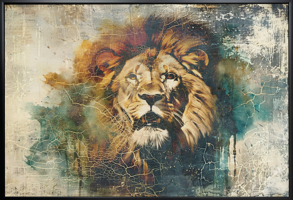 Wall art Lion Animal Vintage Art Illustration Wallart 08 48X36inch In Black Floating Frame