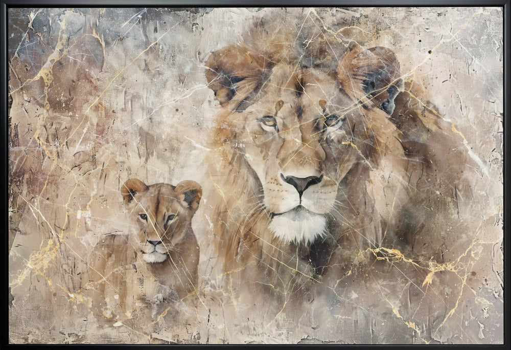 Wall art Lion Animal Vintage Art Illustration Wallart 10 48X36inch In Black Floating Frame