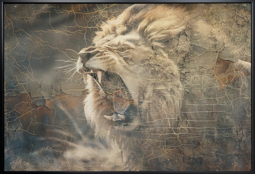 Wall art Lion Animal Vintage Art Illustration Wallart 11 48X36inch In Black Floating Frame