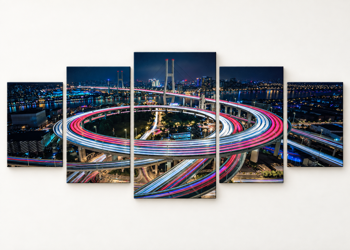 City Interchange Light Trails Statement 5 gallery-wrapped canvas set; illustrative front view, see size guide for dimensions