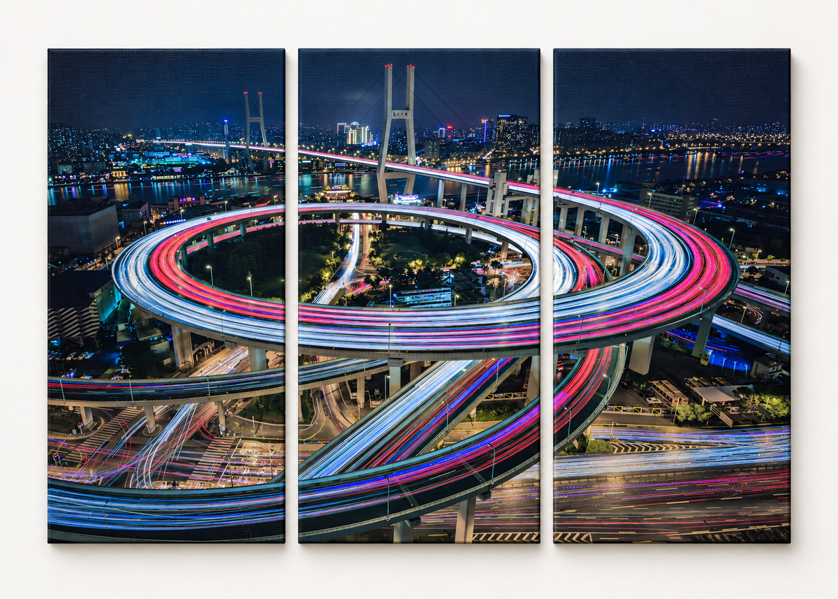 City Interchange Light Trails Large triptych gallery-wrapped canvas set; illustrative front view, see size guide for dimensions