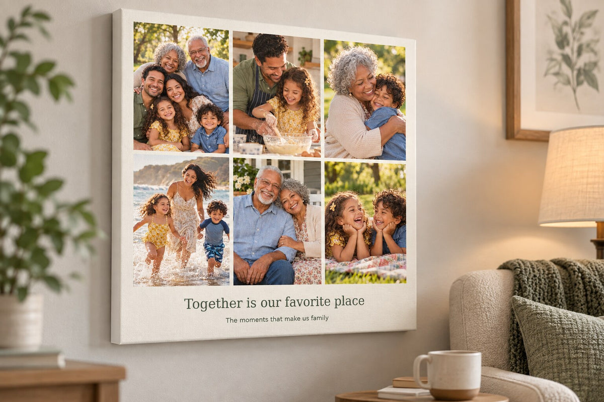 Illustrative family photo collage canvas with six family pictures and a personalised message, displayed beside an armchair