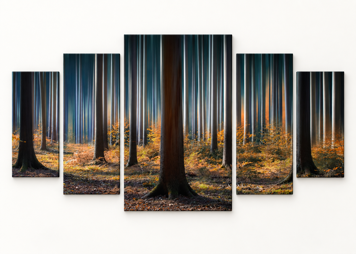 Golden Light in the Forest Compact 5 gallery-wrapped canvas set; illustrative front view, see size guide for dimensions