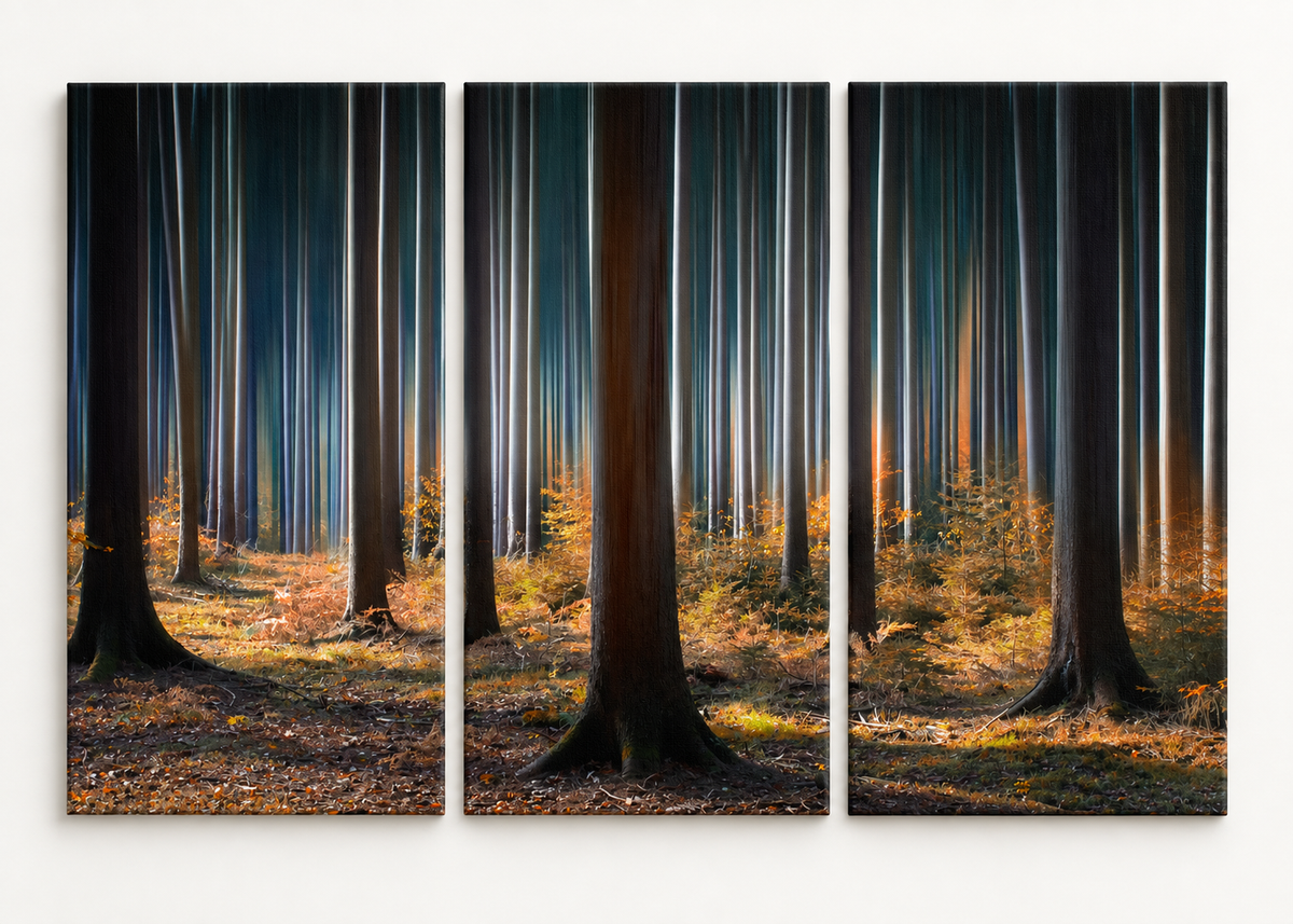 Golden Light in the Forest Large triptych gallery-wrapped canvas set; illustrative front view, see size guide for dimensions