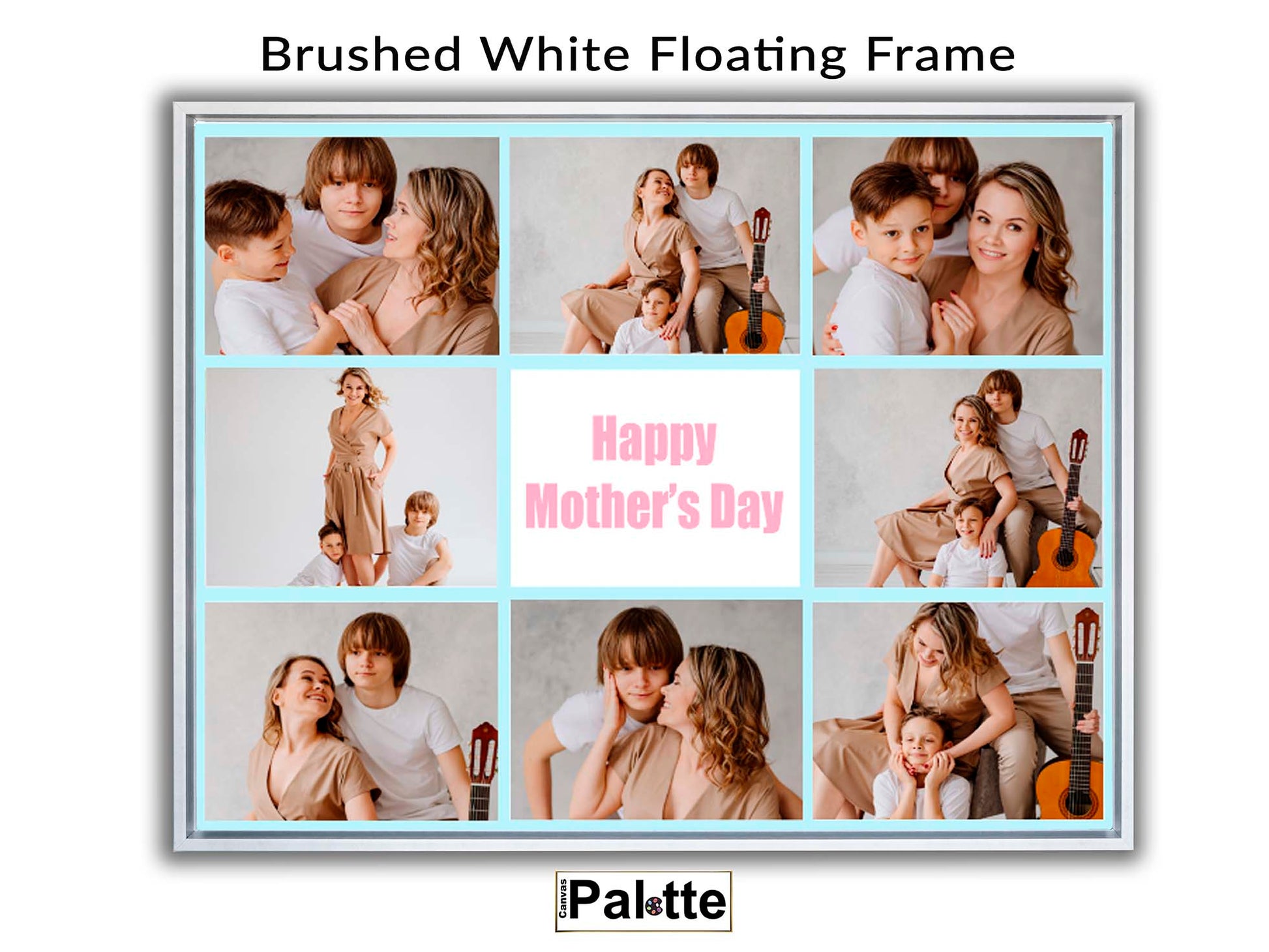 Example brushed white floating frame for canvas printed at Canvas Palette