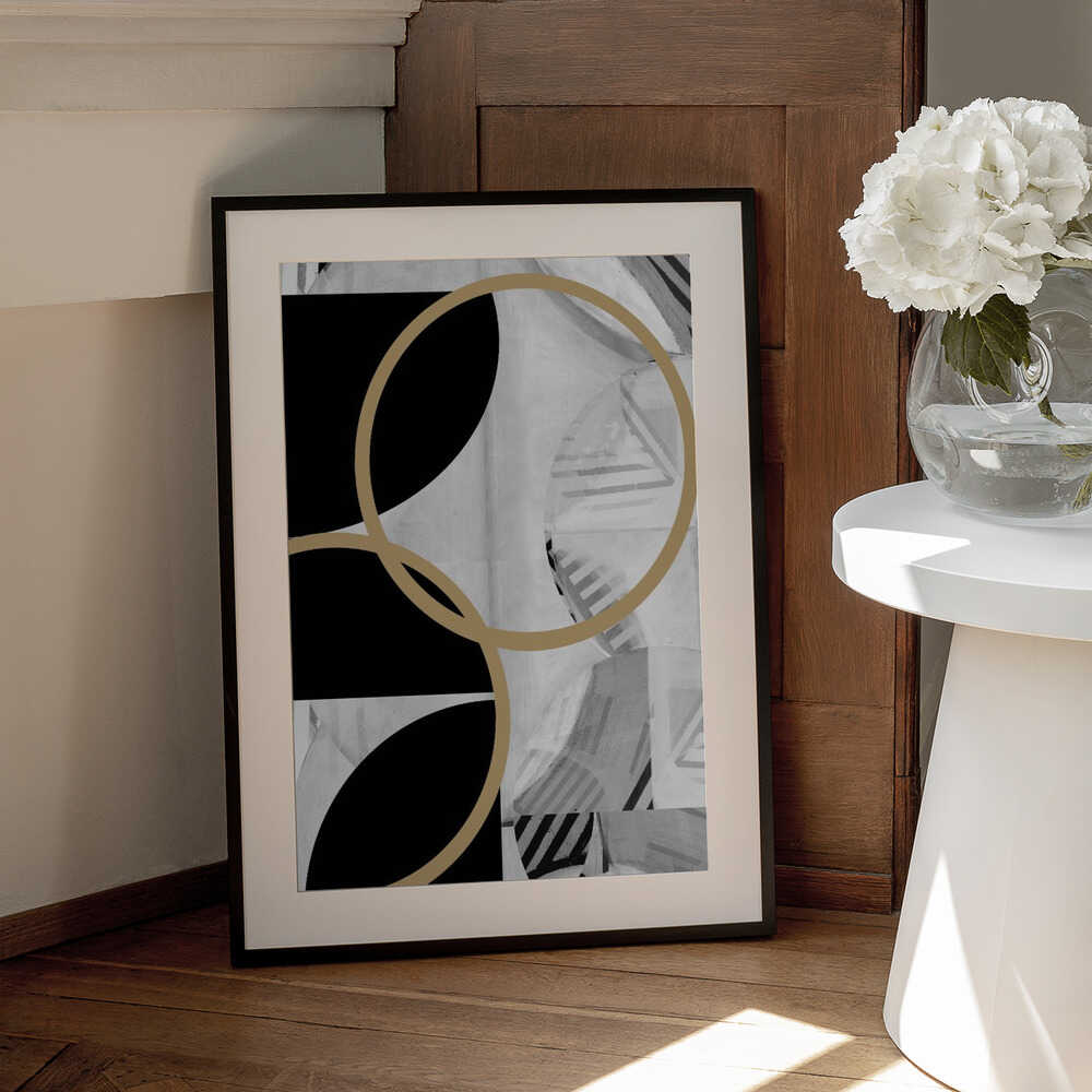 Wall art Black and White Stripes Gold Spheres No1