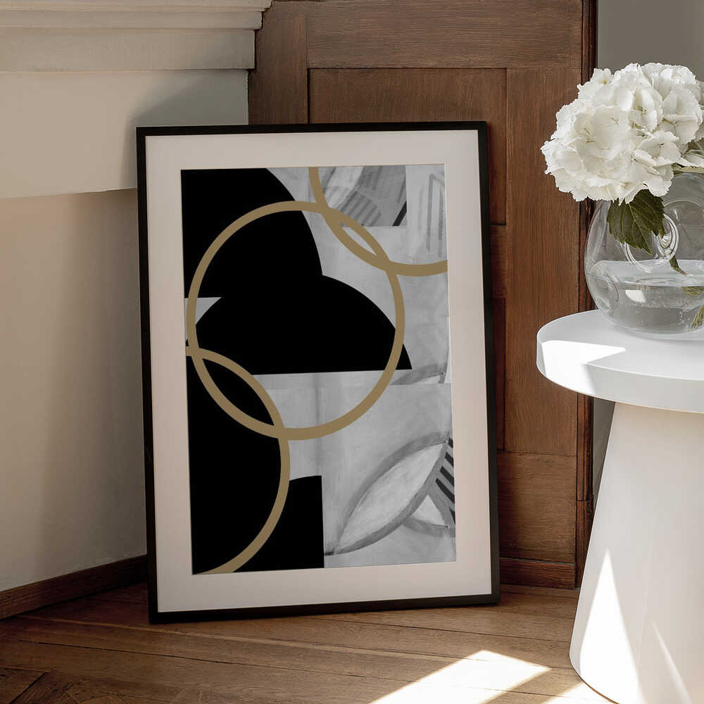 Wall art Black and White Stripes Gold Spheres No3