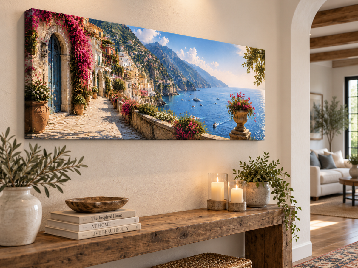 Mediterranean Escape panoramic coastal canvas wall art above a sofa