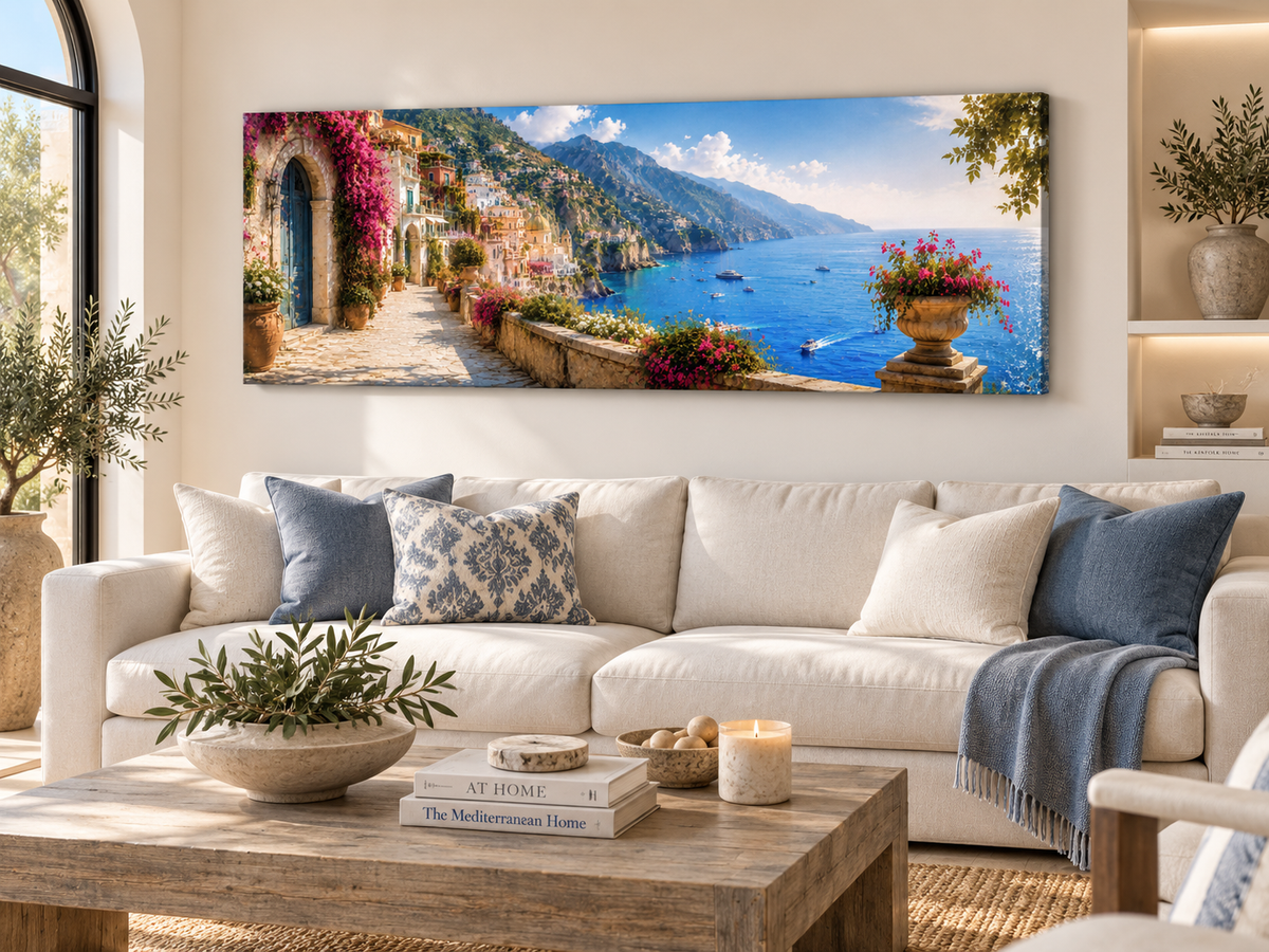 Mediterranean Escape panoramic coastal canvas wall art, view 1