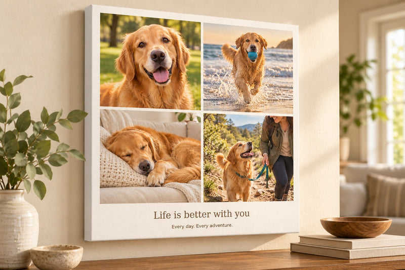 Illustrative pet photo collage featuring four golden retriever photographs