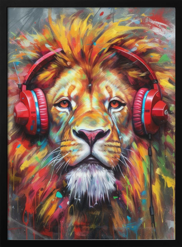 Wall art Lion With Headphones animal 36X48inch In Black Floating Frame