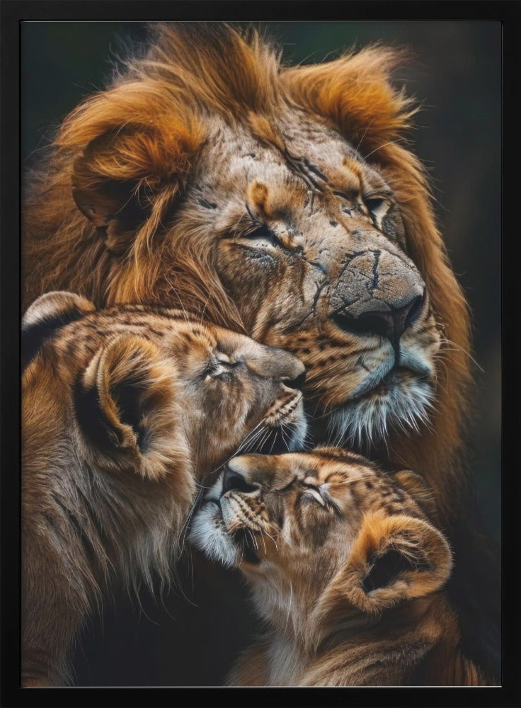 Wall art Poster Lion Family 4 36X48inch In Black Floating Frame