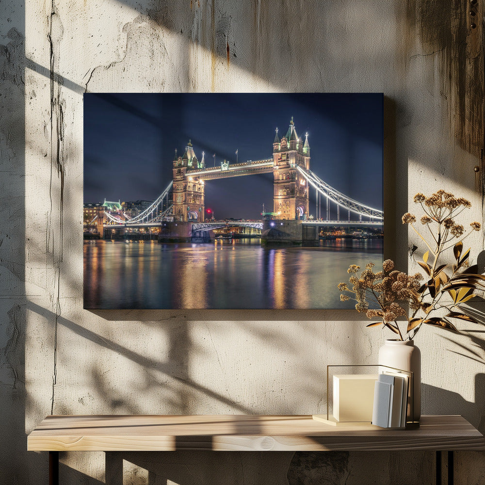 Wall Art Night at The Tower Bridge 48X36inch In Black Floating Frame