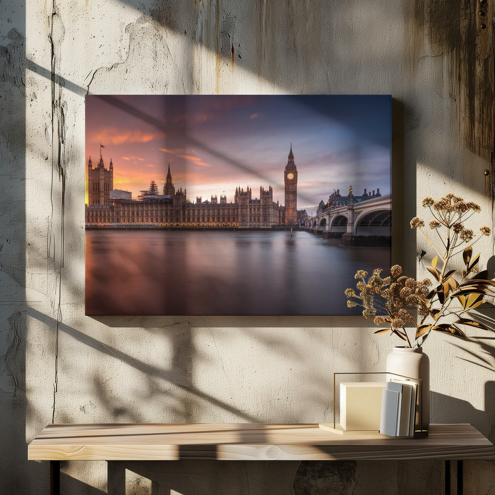 Wall Art London Palace of Westminster Sunset 48X36inch In Black Floating Frame