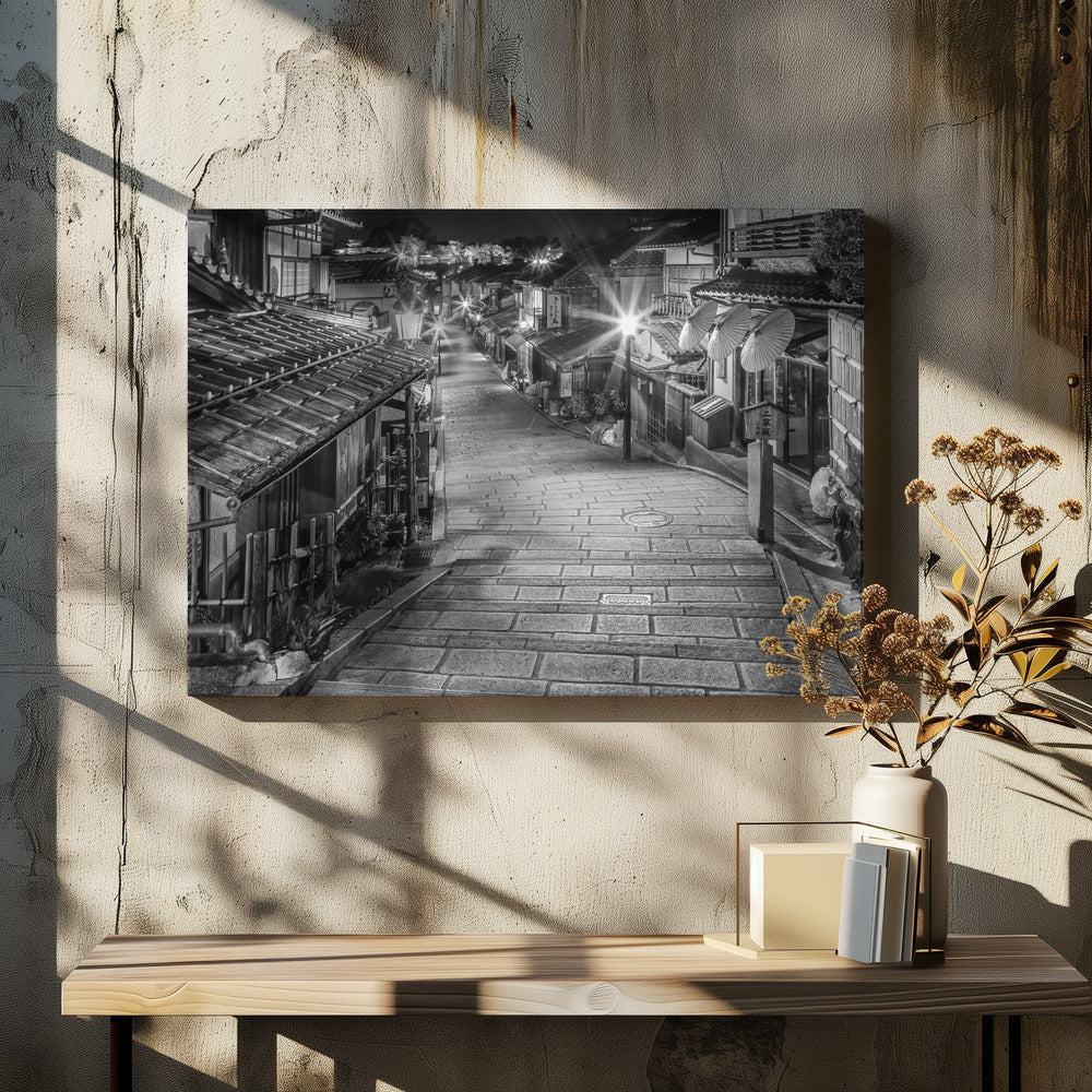 Wall art Ninen-zaka in historic Kyoto in the evening - monochrome